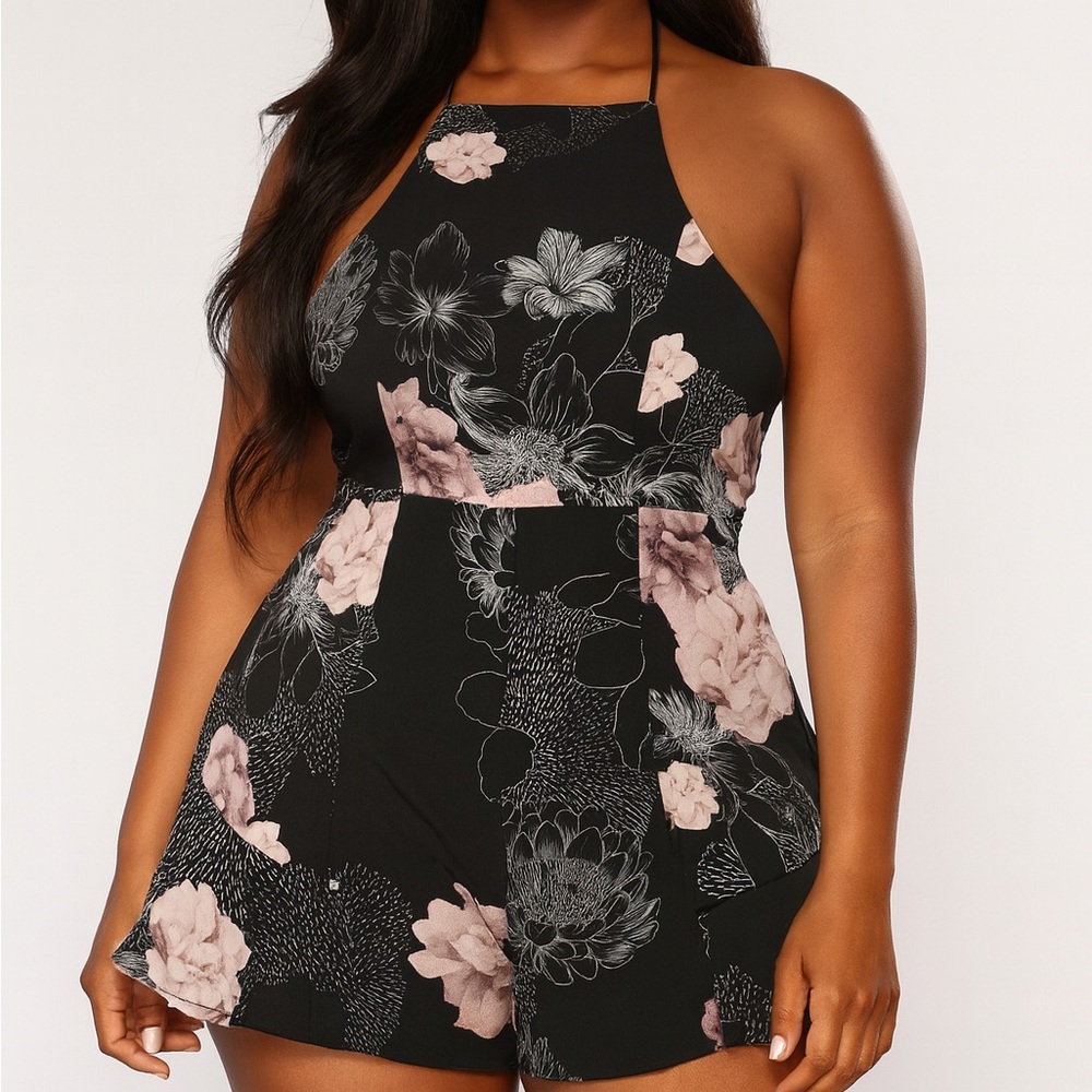 KEEPSAKE Black FLORAL Poly Crepe HIGH-NECK Sleeveless SEXY BACK Dressy Romper S